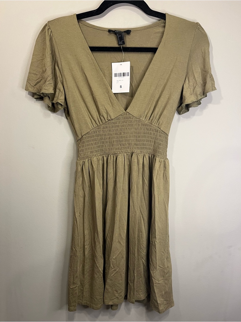 Forever 21 Olive Green V-Neck Smocked Waist Mini Dress